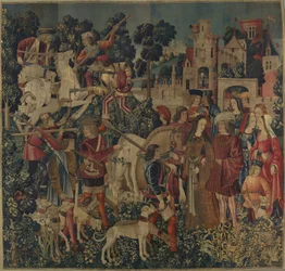 El unicornio es asesinado y llevado al castillo, c.1500